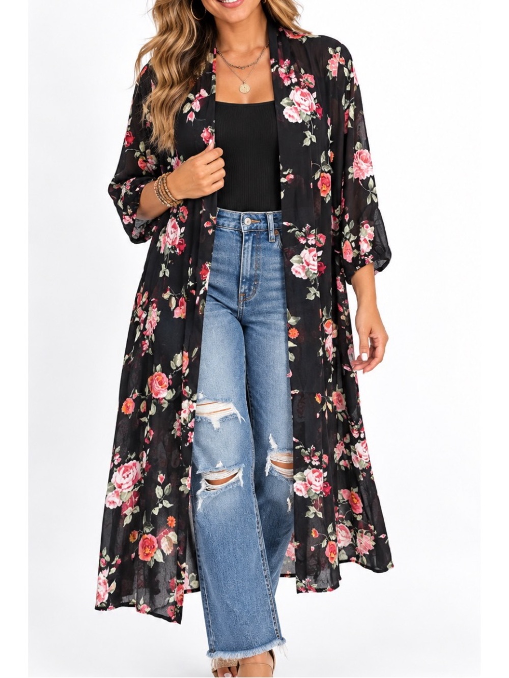 Ember Black Floral Long Duster Kimono- Large